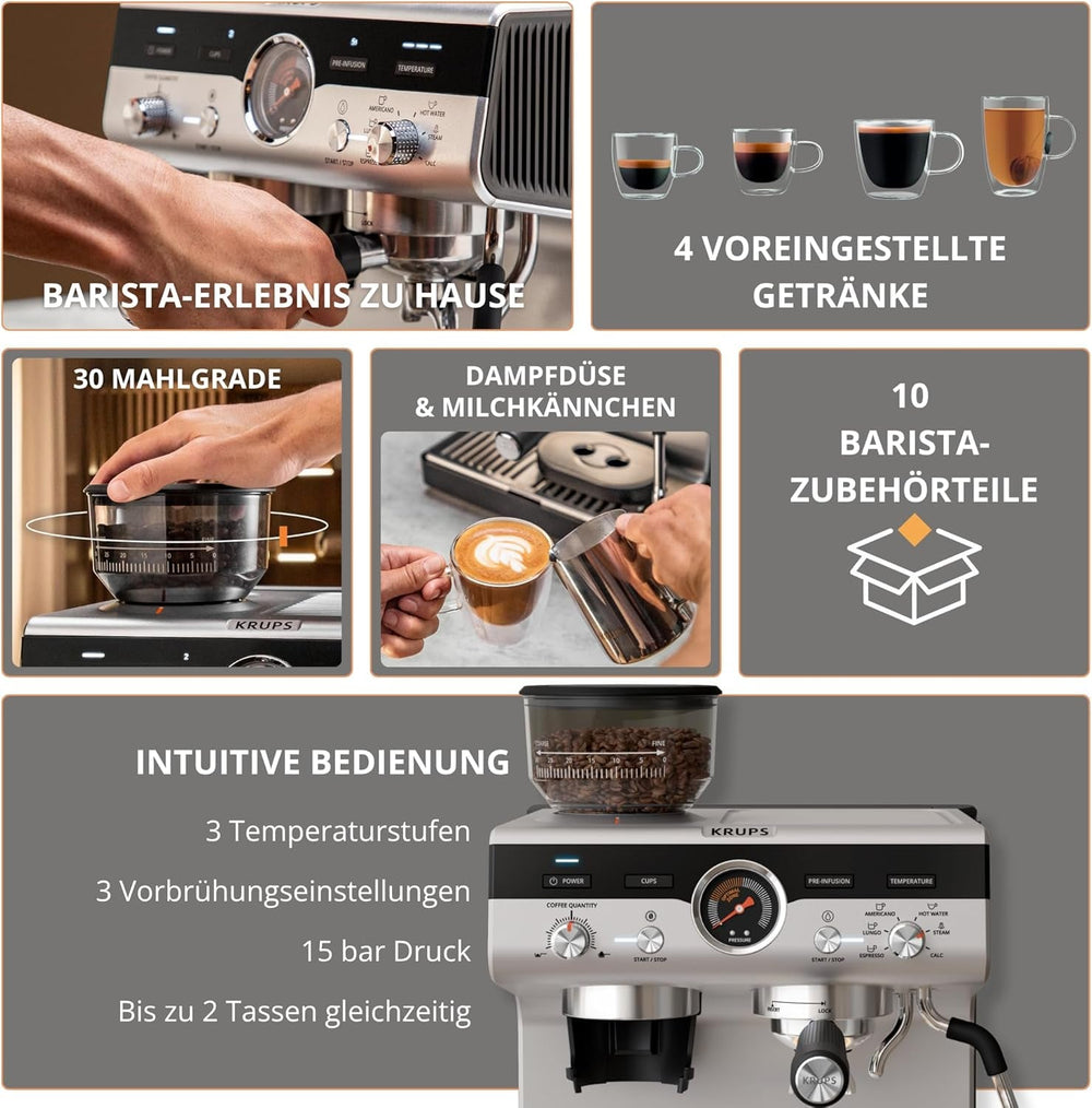 Machine à expresso manuelle Krups Precision avec porte-filtre et moulin, machine à café barista avec panneau de commande intuitif, réglages de pré-infusion, machine à expresso avec buse vapeur, chauffage rapide, XP801T10