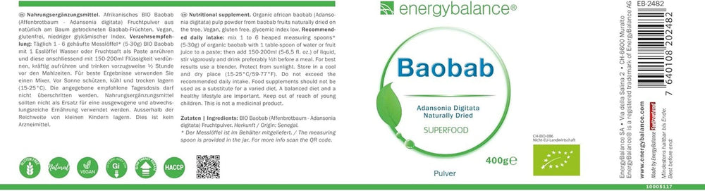 Poudre bio de Baobab - vitamine C, calcium, magnésium, potassium, 400 grammes Arômes Naty Shop