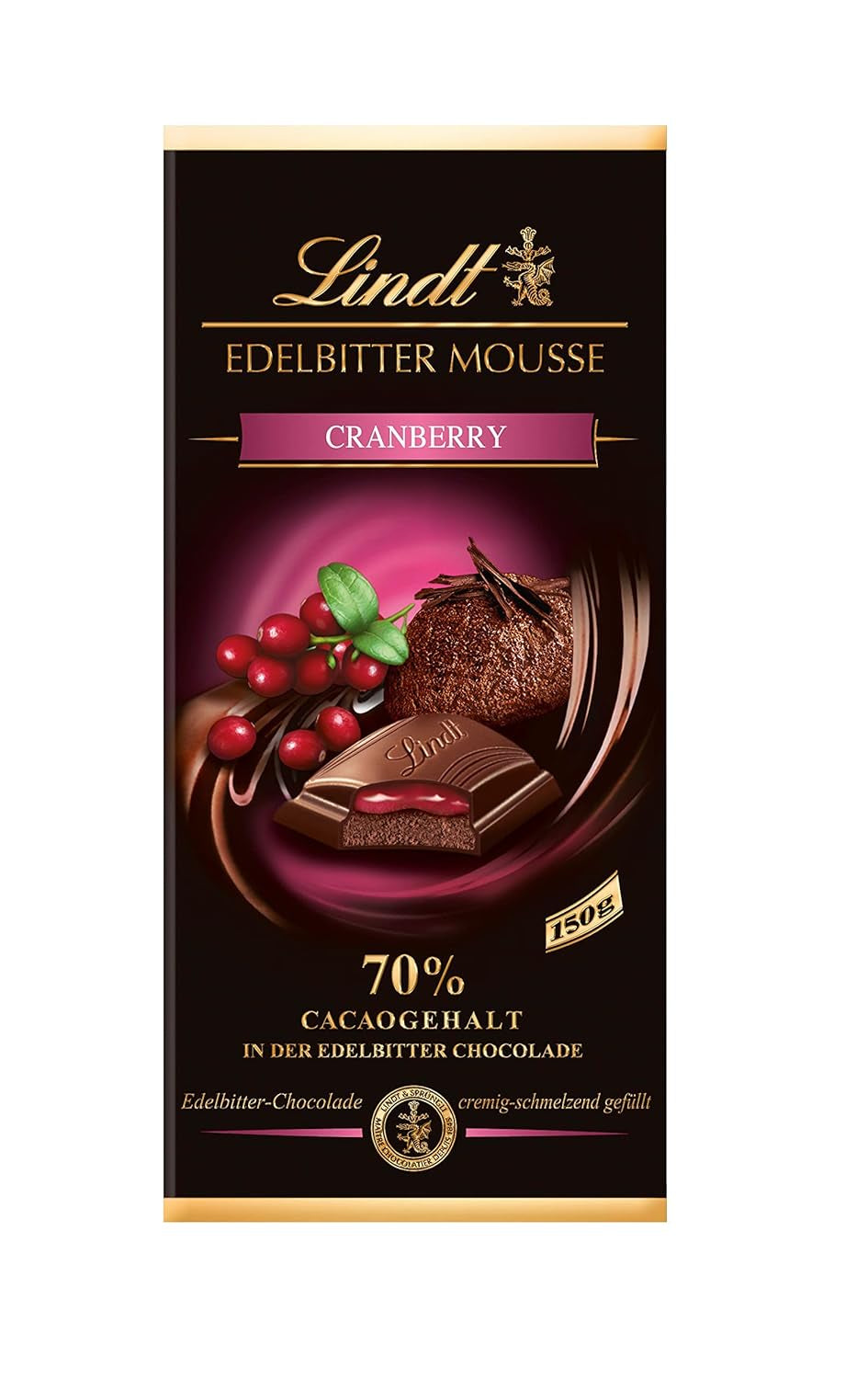 Mousse au chocolat noir Lindt avec piment et cerises | Barre 150g | Avec 70% de cacao et garniture de mousse au chocolat noir et piment cerise | Barre de chocolat | Chocolat noir