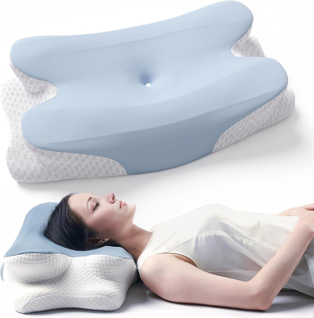 RUMMY Pernă ergonomică de susținere a gâtului din spumă cu memorie, cu husă detașabilă, lavabilă, pentru cei care dorm lateral și pe burtă (gri) Perne ortopedice cervicale Naty Shop Albastru