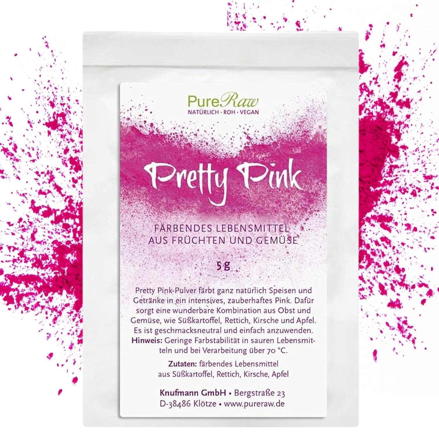Pretty Pink Natürliche Lebensmittelfarbe Pulver Rosa (Roh Vegan) Pastell Rose Bis Intensiv Rosa-Rot - Essbare Farbe Für Lebensmittel Aus Früchten Und Gemüse - Natural Food Coloring | Pureraw 5G Naty Shop 5 G (1Er Pack) Pink