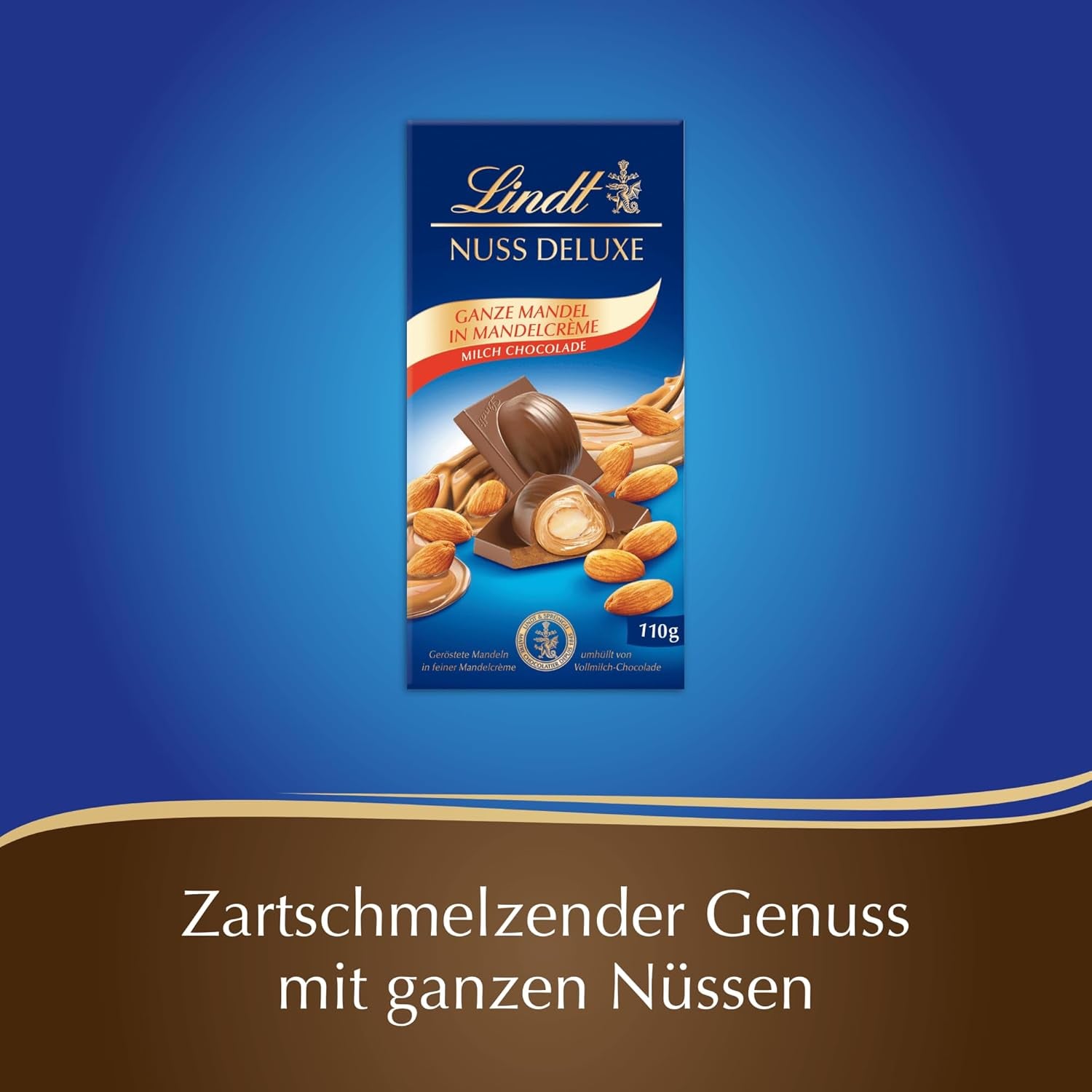 Chocolat Lindt | NUT DELUXE Barre de chocolat au lait et aux amandes | 110g | Chocolat au lait aux amandes grillées dans une crème d'amande onctueuse | Barre de chocolat