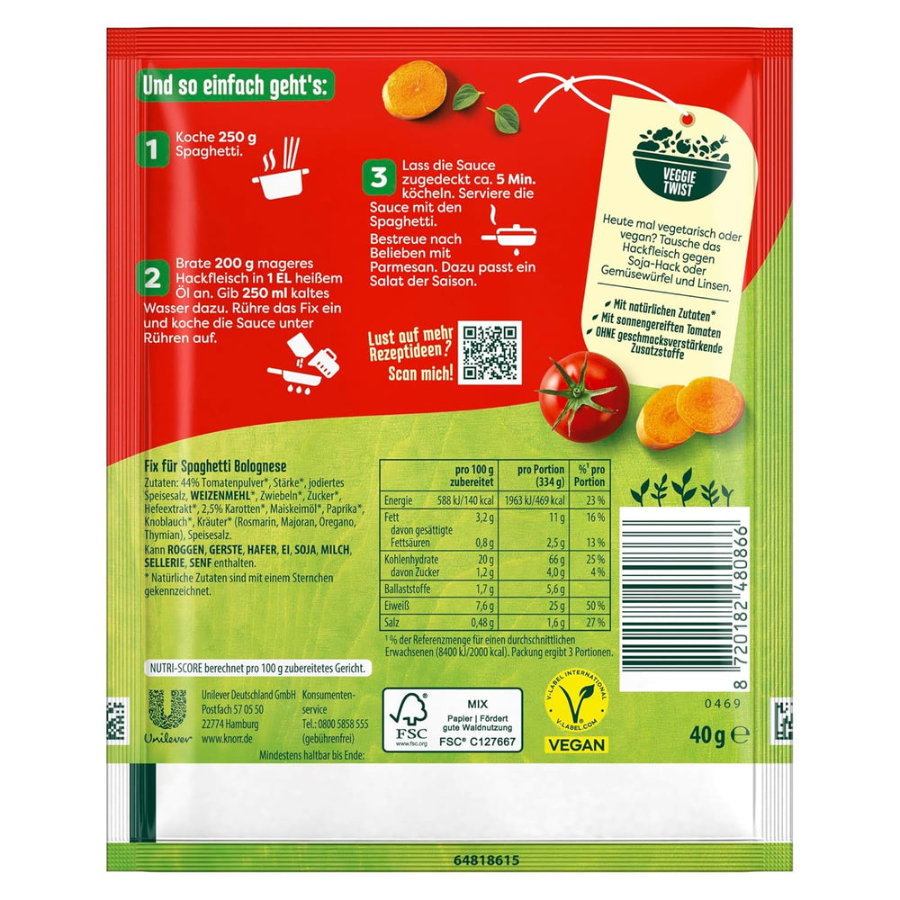 Knorr Fix Würzmischung Spaghetti Bolognese pour un délicieux plat de nouilles avec des ingrédients naturels 40 g