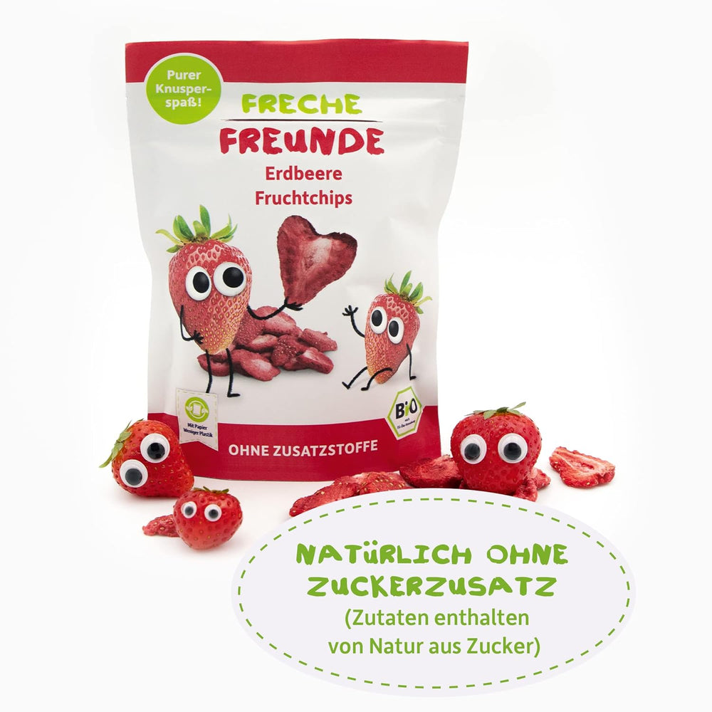 FRECHE FREUNDE Chips de Fraises Bio, Chips de Fruits Lyophilisés, Fruits Secs Tranchés Naturels Sans Sucre Ajouté, Végétalien, Sans Lactose, Sans Gluten, Paquet de 12 (12 x 12g)