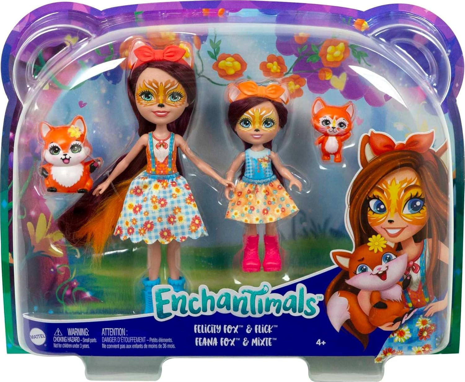 Enchantimals HCF81 - Felicity Fox et sa petite sœur (environ 15 cm et environ 10 cm) et 2 figurines d'animaux, jupe et accessoires amovibles, super cadeau pour les enfants à partir de 3 ans