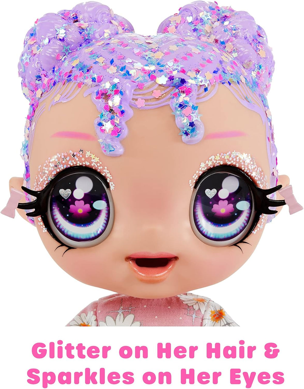 MGA Glitter Babyz - LILA WILDBLOOM - Poupée bébé avec 3 changements de couleurs magiques dans l'eau glacée - avec cheveux lilas pailletés, tenue de fleurs sauvages, couche, biberon et tétine - pour les enfants à partir de 3 ans