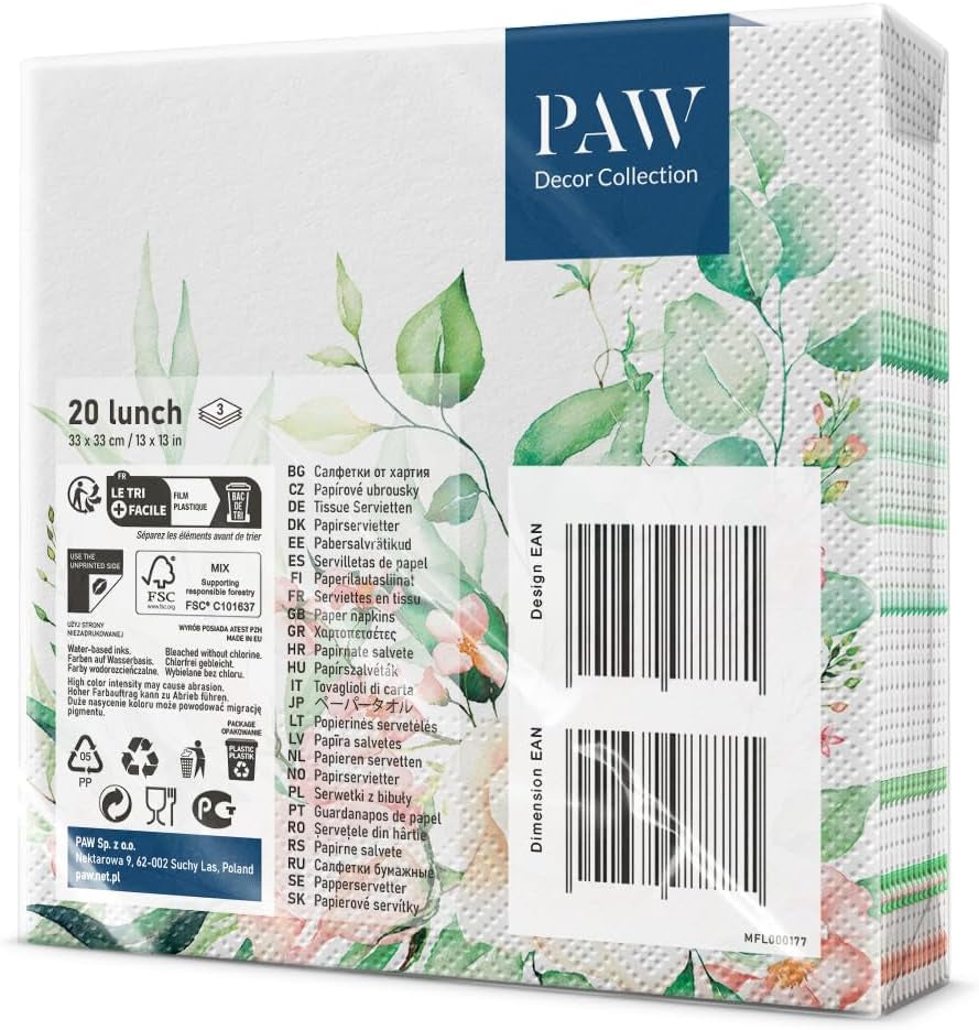 PAW - Serviettes 3 Épis (33 X 33 Cm) I 20 Pièces I Parfaites pour les Anniversaires, Fêtes, Mariages, Communions et Fêtes I Serviettes en Papier Colorées - Fleurs, Roses I Couleur : Moments Floraux (Pack de 2)