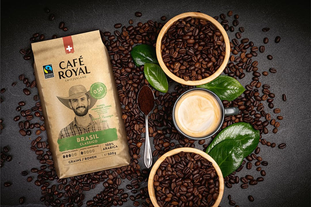 Café Royal Crema Classico Brasil - Café en grains 100% Arabica, équilibré et aromatique, torréfaction moyenne, force 3/5, commerce équitable, 500g de grains entiers (paquet de 2)
