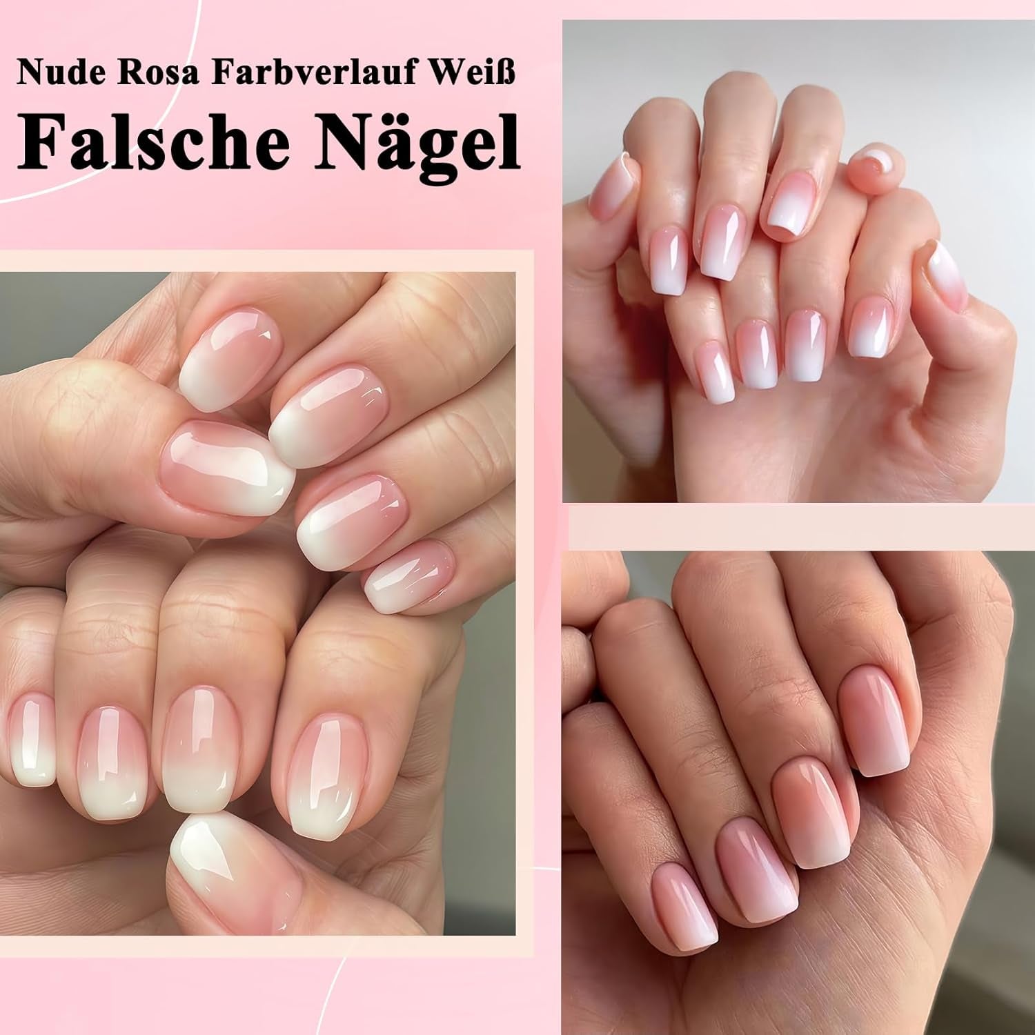 Kit unghii false 360 piese - Unghii artificiale scurte, nud, roz, alb, gradient - Unghii artificiale pătrate pentru lipit - Unghii autoadezive cu acoperire completă, lucioase, pentru femei și fete (pătrat)