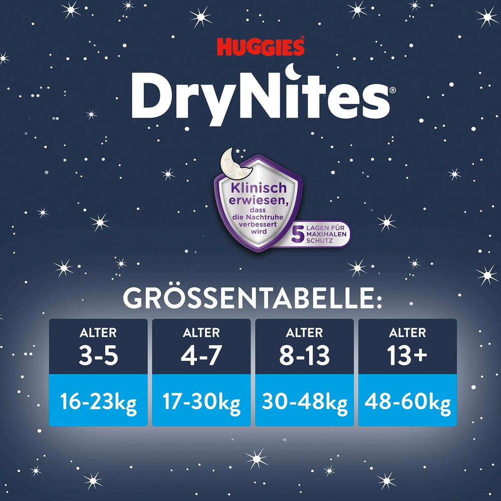 Huggies DryNites Couches pour énurésie nocturne pour filles de 13 à environ 17 ans (48-60 kg), lot de 27 couches (3 x 9) par mois