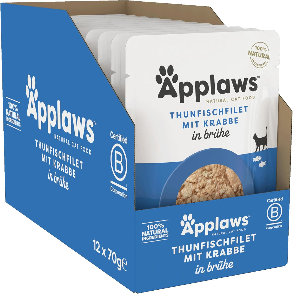 Applaws 100% Natural Nassfutter for Katzen, Thunfischfilet mit Krabben in Brühe - Packung mit 12 x 70g Beuteln