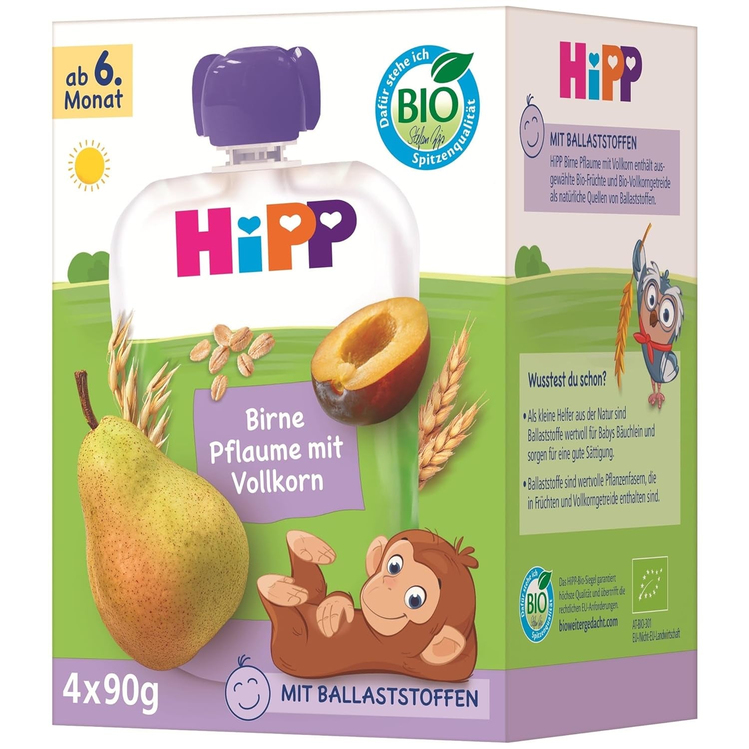HiPP Sachets de poire et de prune bio, grains entiers, 16 pièces (4 paquets de 4 x 90 g chacun), pour bébés à partir de 6 mois, sans sucre ajouté, végétalien, meilleure qualité biologique