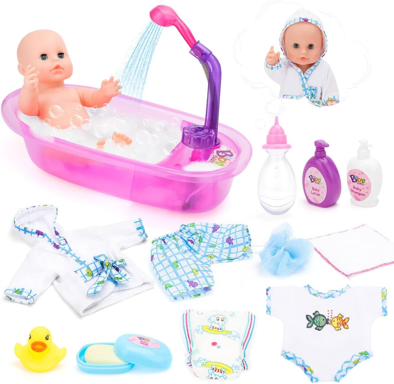 deAO Ensemble de Baignoire pour Poupée, Poupée Interactive de 33 cm, Bain de Poupée, Ensemble de Jeu pour Poupée avec Tétine, Vêtements de Poupée, Peignoir, Couches de Poupée, Baignoire et Douchette Fonctionnelle
