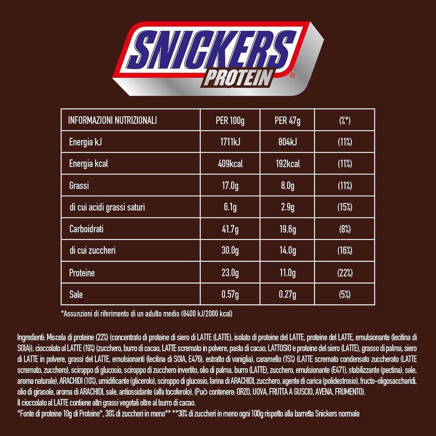 Barres protéinées au chocolat Snickers - Saveur riche avec caramel, noisettes et nougat, emballage en vrac 18x47g