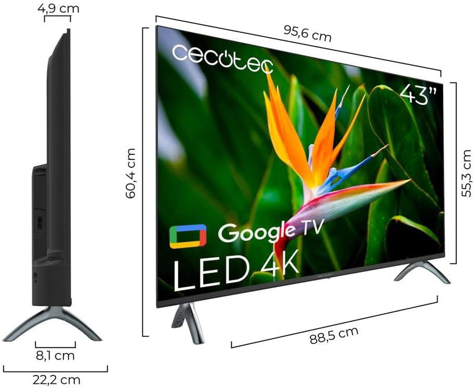 Televizor inteligent Cecotec - televizor LED de 43 de inci, rezoluție 4K UHD - seria A4 ALU40043S. Google TV, HDMI 2.1, USB 3.0, HDR10, 16 GB ROM, asistent vocal Google, Chromecast, Dolby Audio