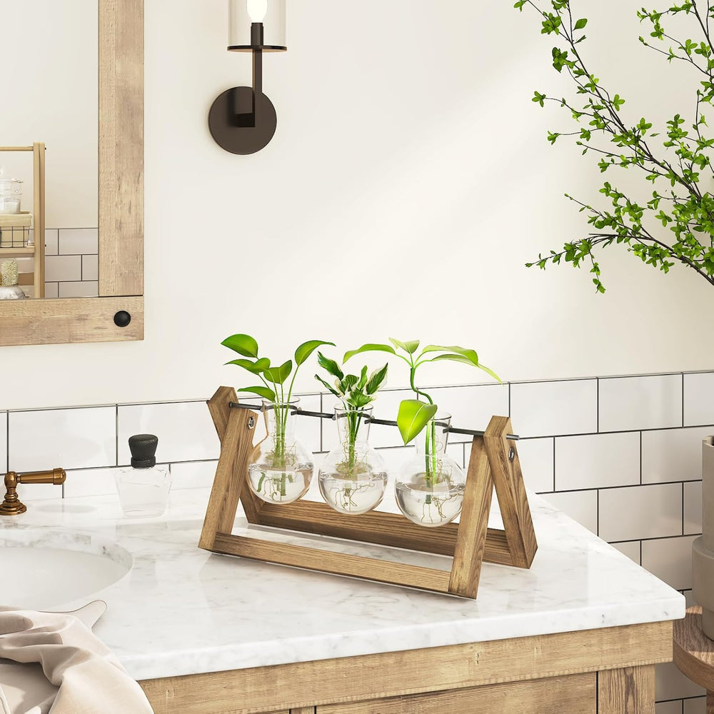Bamworld Station de propagation hydroponique avec support en bois – 3 vases en verre pour la culture de plantes aquatiques et la décoration de la maison