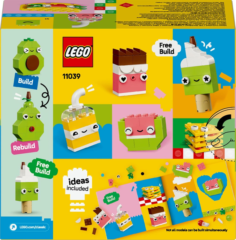 LEGO Classic Creative Snack Bauspaß, Spielzeug mit Essen für fantasievolle Rolenspiele, Bauset for Jungen and Mädchen ab 4 ans, Cupcake, Avocado, EIS am Stiel und Taco 11039