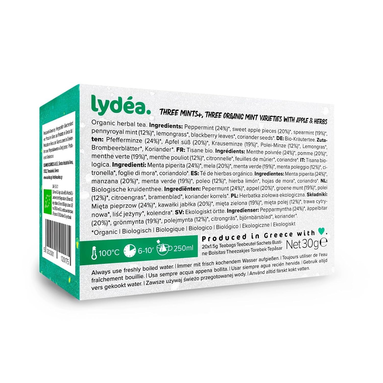 Lydea Three Mints+ Tisane biologique avec trois assortiments de menthe, pomme et herbes, 60 pyramides, lot de 3 [3 x 20 pyramides]