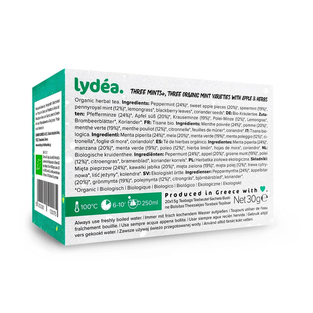 Lydea Three Mints+ Tisane biologique avec trois assortiments de menthe, pomme et herbes, 60 pyramides, lot de 3 [3 x 20 pyramides]