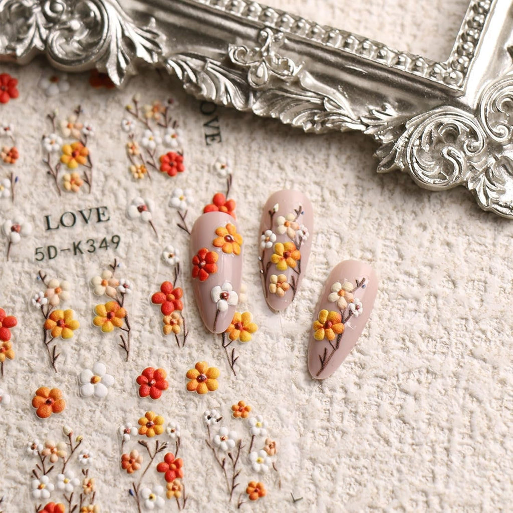 JMEOWIO 3D Nagelsticker Blumen Nail Art Sticker Selbstklebend Nagelaufkleber 5D Stereoskopisch Herbst Blumen Dekoration Nageldesign Zubehör 4 Blatt