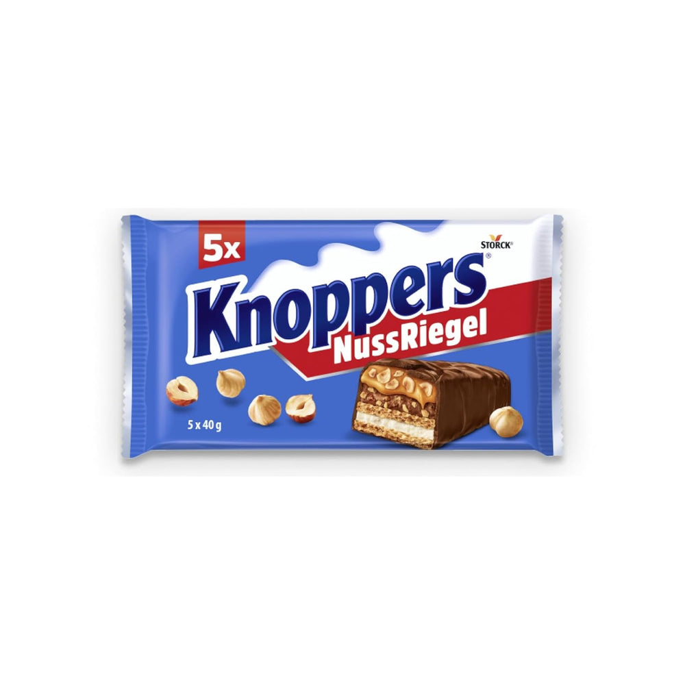 Knoppers Peanut Bar – 1 x 200g (5 barres) – Barre de chocolat au lait avec crème de cacahuète, cacahuètes salées hachées, caramel et chocolat au lait