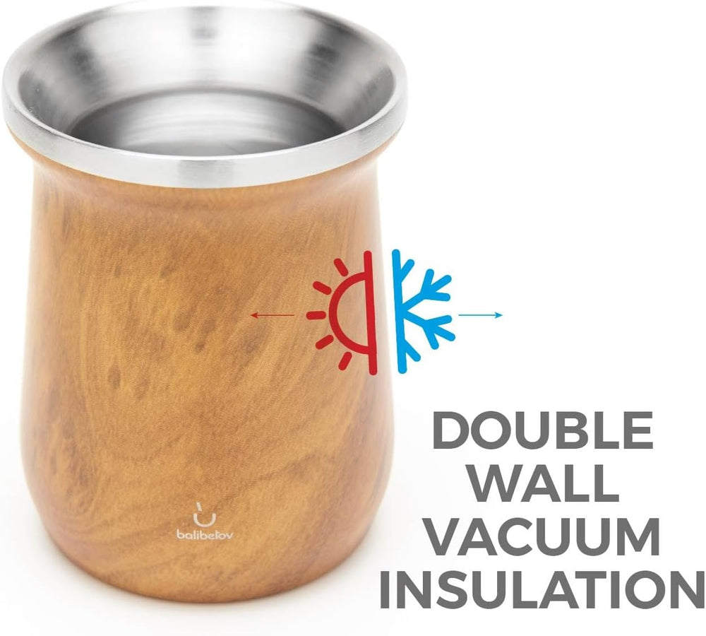 Service à thé Yerba Mate balibetov (tasse à Mate) en acier inoxydable avec bombilla (paille) pour maté, ensemble Yerba Mate facile à nettoyer et très résistant (BOIS)