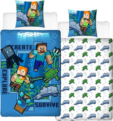 Minecraft Literie Kinderbettwäsche Jugendbettwäsche 135X200 · Unterwasserwelt · Wende Motiv · Kissenbezug 80X80 + Bettbezug 135X200 Cm · 100% Baumwolle · Deutsche Größe Naty Shop