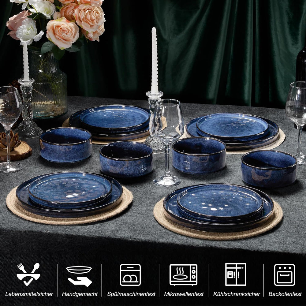 Homikit Service de table 12 pièces pour 4 personnes, service de table combiné avec assiettes, assiettes à dessert et bols à céréales, passe au micro-ondes et au lave-vaisselle, bleu élégant