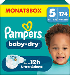 Couches Pampers Baby-Dry taille 5, 174 couches, 11 kg - 16 kg, jusqu'à 100 % de protection contre les fuites et confort toute la nuit