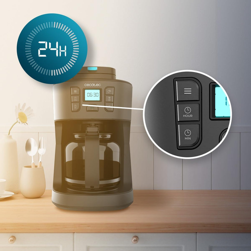 Cafetière filtre Cecotec Coffee 66 Grind & Drop Essential. 1086 W, broyeur à lame, jusqu'à 12 tasses, technologie Extreme Aroma, numérique, acier inoxydable, arrêt automatique.