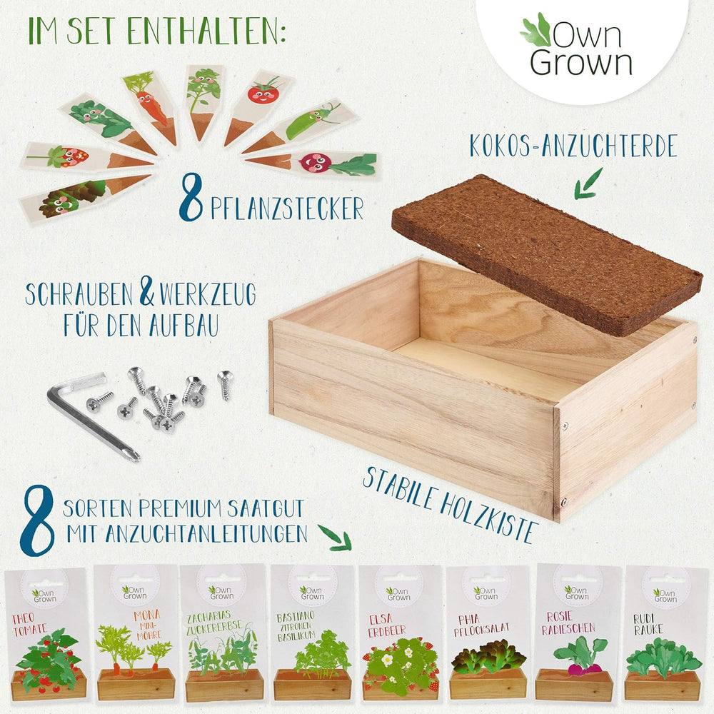 OwnGrown Kit de culture de graines avec boîte en bois et 8 variétés de graines de plantes : kit de culture de graines de légumes, de fraises et d'herbes pour enfants – Mini serre et mini kit de démarrage de jardin par OwnGrown