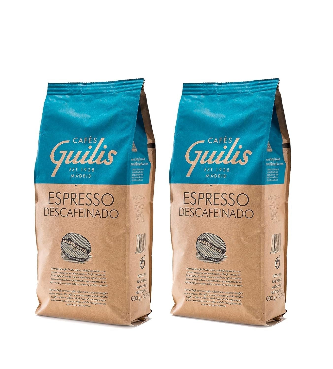 CAFES GUILIS DESDE 1928 AMANTES DEL CAFÉ - Cafea boabe Arabica decofeinizată 1 Kg Cafea Naty Shop 2 x 1 Kg Cafea