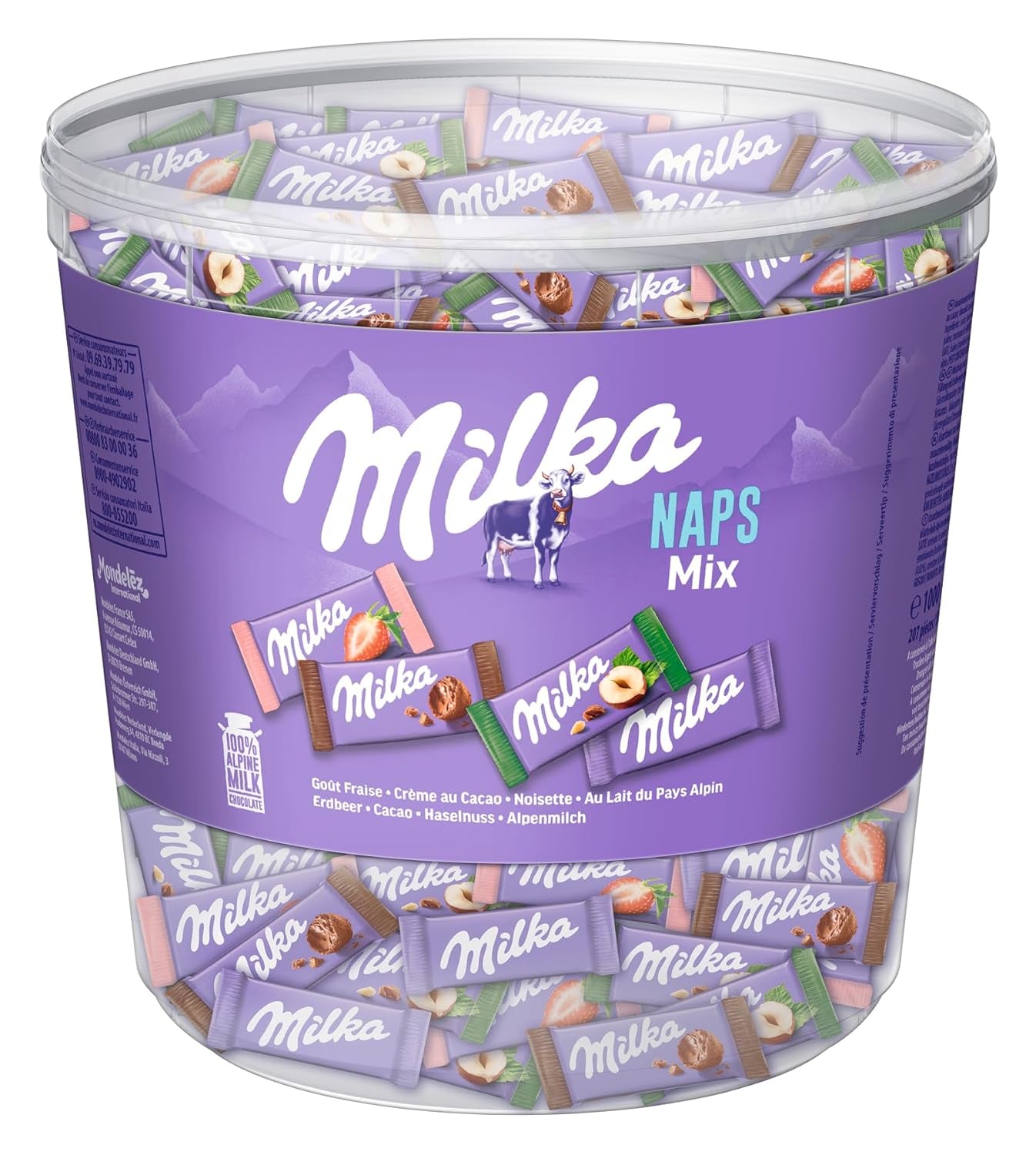 Milka Naps Mix – Mini carrés de chocolat en 4 assortiments : Lait des Alpes, Fraises, Noisettes, Crème de Cacao – 1 x 1kg