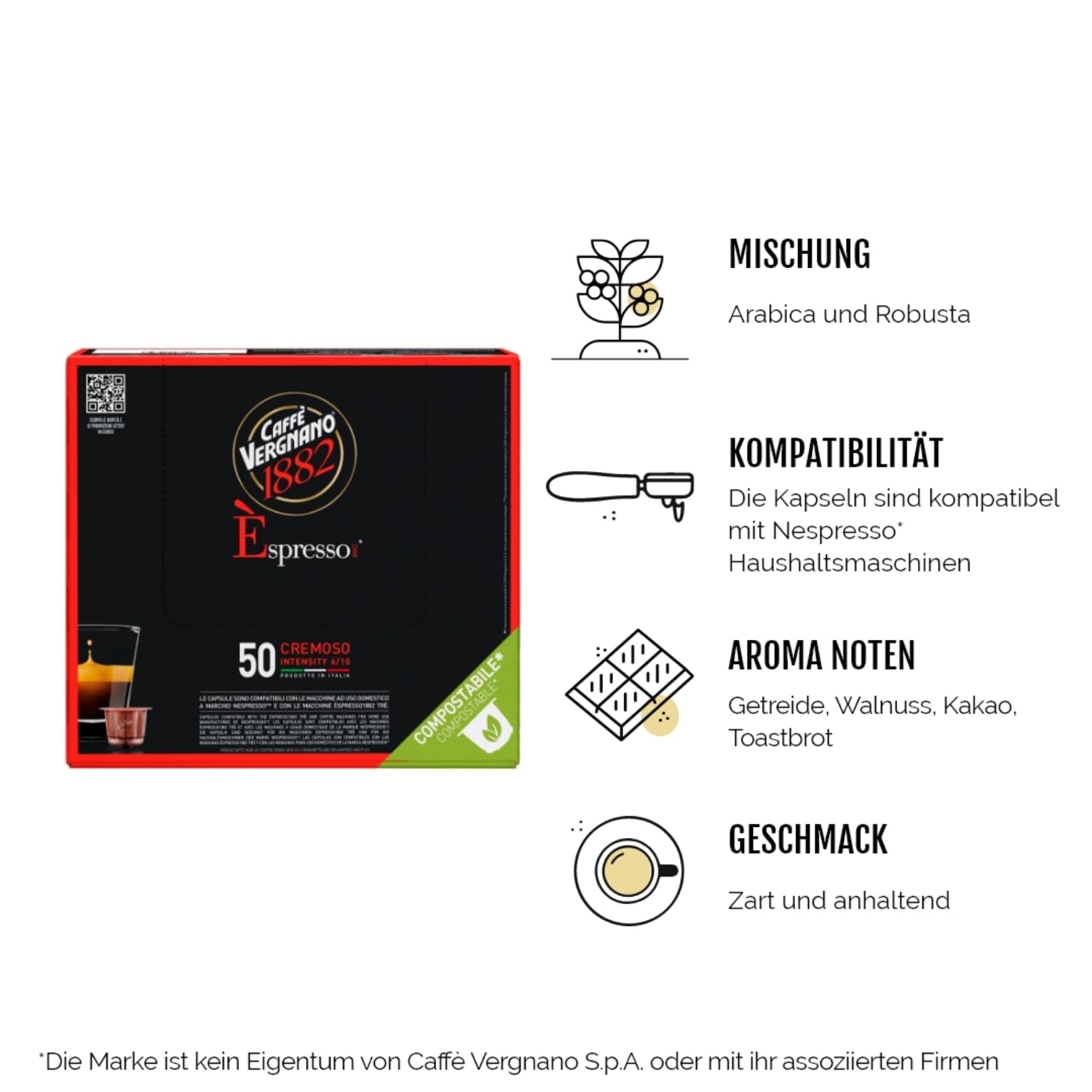 Caffè Vergnano 1882 - Èspresso Kompostierbare Kaffeekapseln, Compatible Avec Nespresso, Cremoso (Crémeux) - Packung Enthält 50 Kapseln