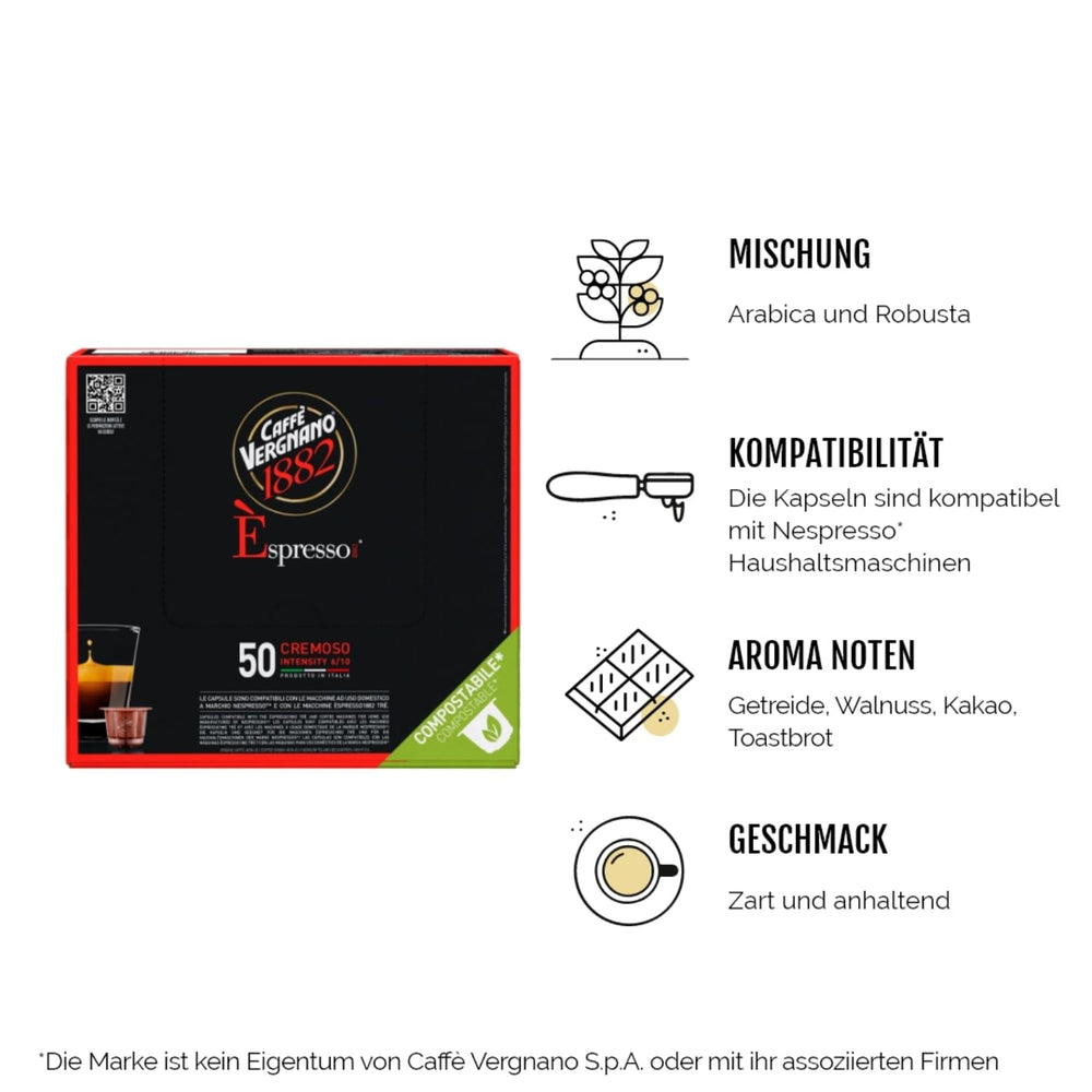 Caffè Vergnano 1882 - Èspresso Kompostierbare Kaffeekapseln, Compatible Avec Nespresso, Cremoso (Crémeux) - Packung Enthält 50 Kapseln
