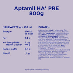Aptamil HA PRE – Mélange de lait de consommation, avec DHA, sans lactose, sans huile de palme, lait pour bébé, poudre de lait, 1x 800 g