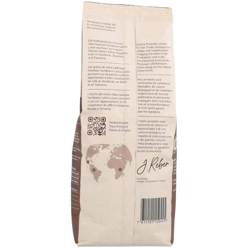 Sombrero Latino Lover 500g de grains entiers, torréfaction intense, 50% Arabica/50% Robusta, saveur fruitée-noix-épicée, commerce équitable