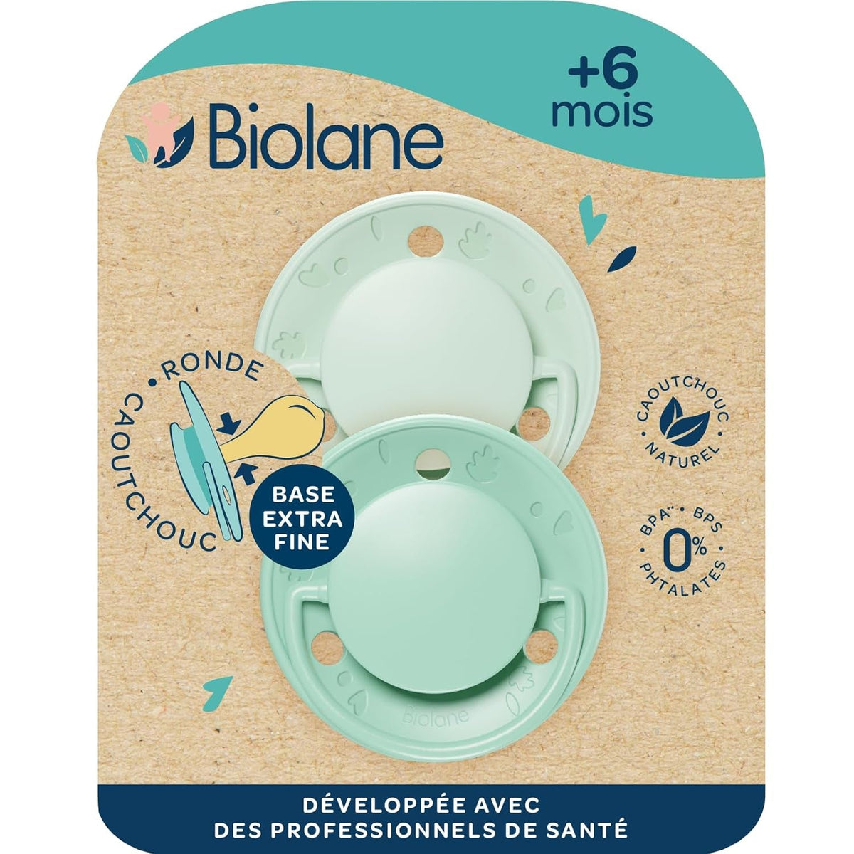 BIOLANE - Tétine ronde - Sucette extra fine - 6+ mois - Bicolore vert - Tétine en caoutchouc naturel - Pour le développement buccal - Douce et confortable
