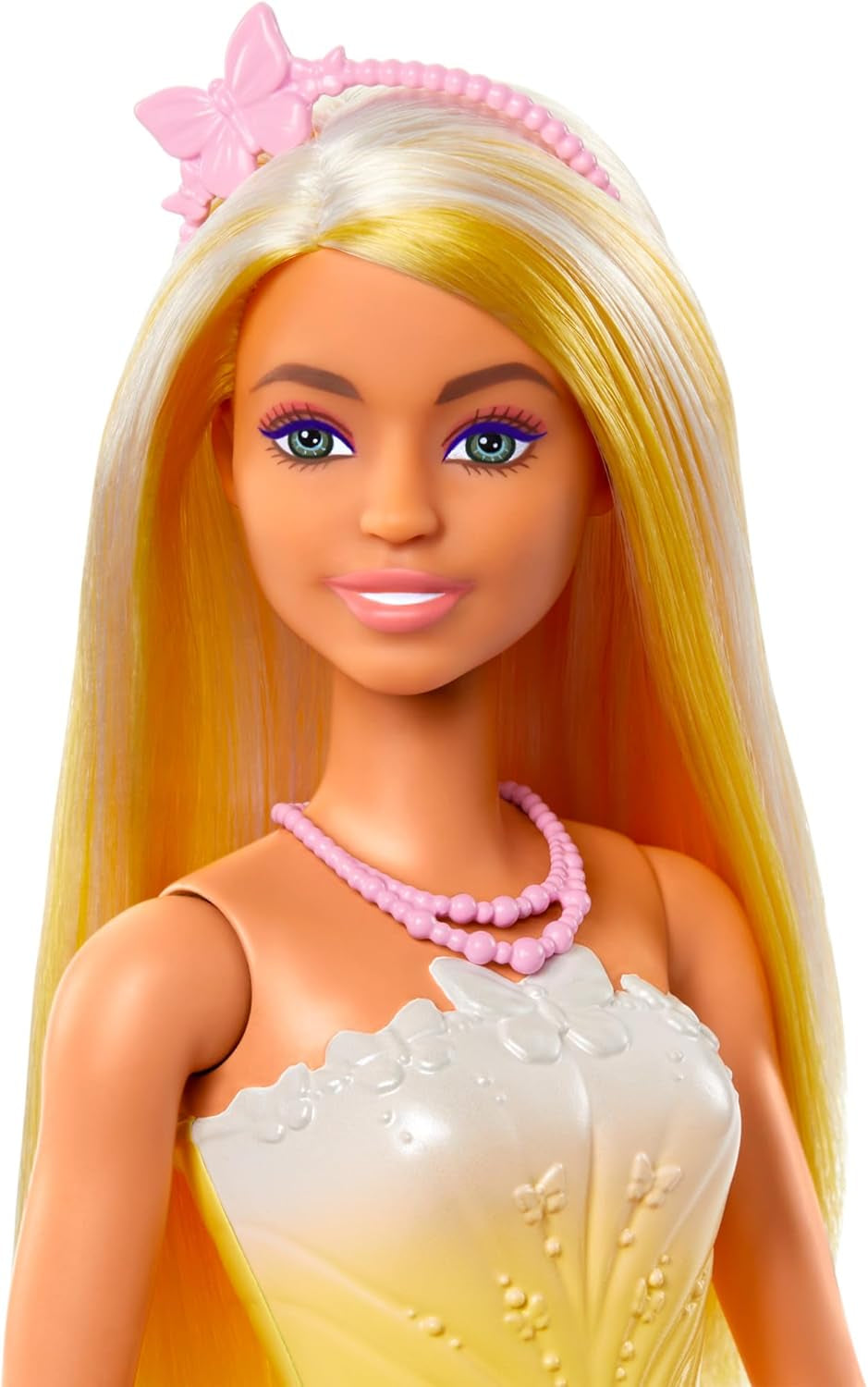 Poupée Barbie Royale avec cheveux fantaisie avec mèches colorées, accessoires colorés, haut jaune dégradé et jupe papillon, HRR09 Naty Shop Dolls