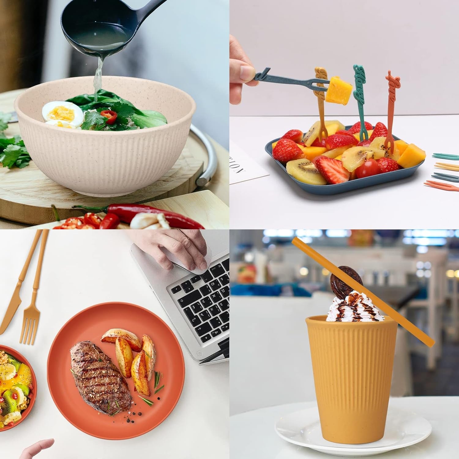 Ensemble de couverts indestructibles pour 6 personnes Ensemble de couverts de camping 66 pièces Ensembles de couverts de pique-nique en plastique Ensemble de couverts en plastique léger et coloré pour barbecue Assiettes de service Bols