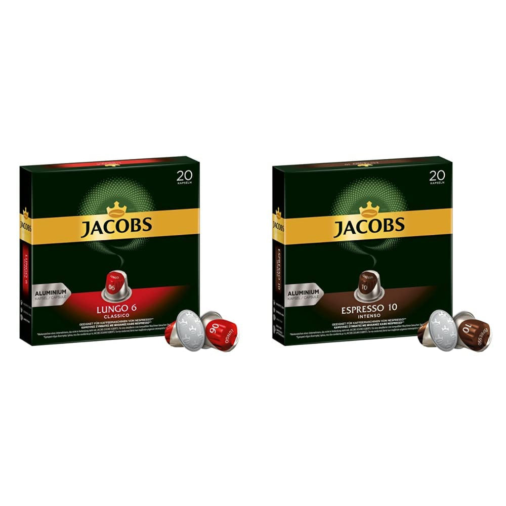 Capsules de café Lungo Classico, intensité 6 sur 12, 10 x 20 tasses & Capsules de café Espresso Intenso, intensité 10 sur 12, 200 capsules compatibles Nespresso®*, 10 x 20 tasses