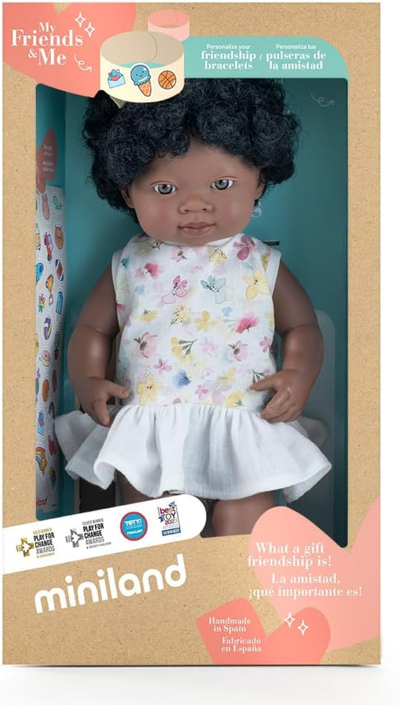 Miniland Puppe, 38cm, afrikanisches Mädchen. In Spanien hergestellt. Anatomisch korrekt. My Friend & Me Collection