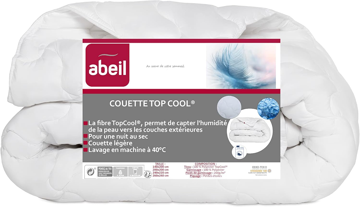 Abeil 1388 Couette Topcool, fine, régulateur d'humidité, blanc, 240 X 260 Cm Couettes et couettes Naty Shop 240X260