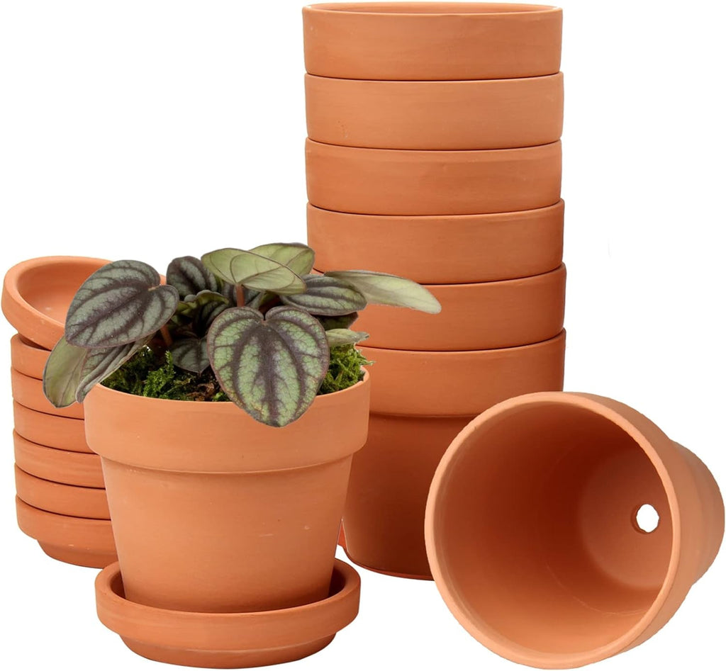 Hollyone set de 8 piese de ghivece mici din teracotă, ghivece rotunde din lut de 8 x 8 cm cu farfurie și orificiu de drenaj, ghivece mici cu tavă, ghivece suculente din teracotă pentru plante de apartament, jardiniere ceramice