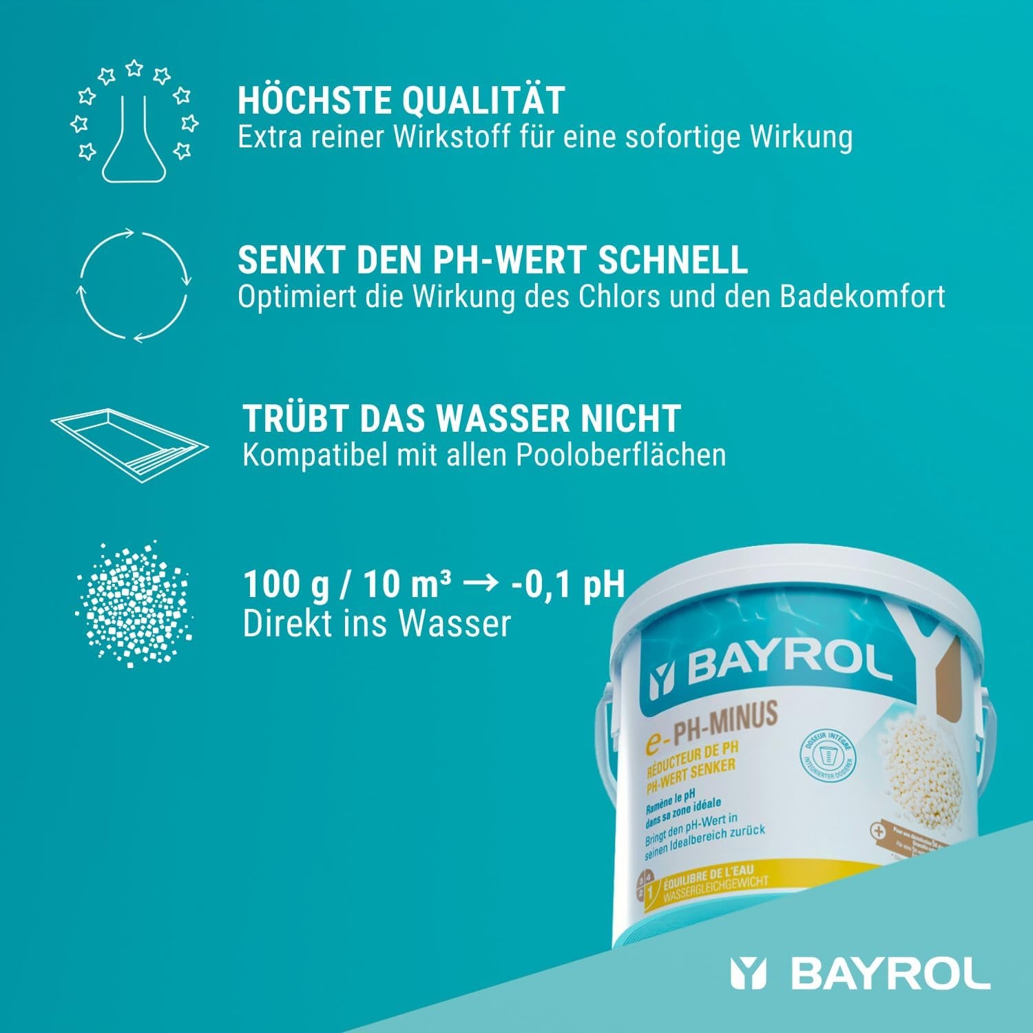BAYROL e-pH-Minus granulés 6 kg - réduit rapidement et efficacement les niveaux de pH trop élevés dans les piscines - dosage facile directement dans l'eau - avec gobelet doseur - réducteur de pH - réglage du pH pour piscines
