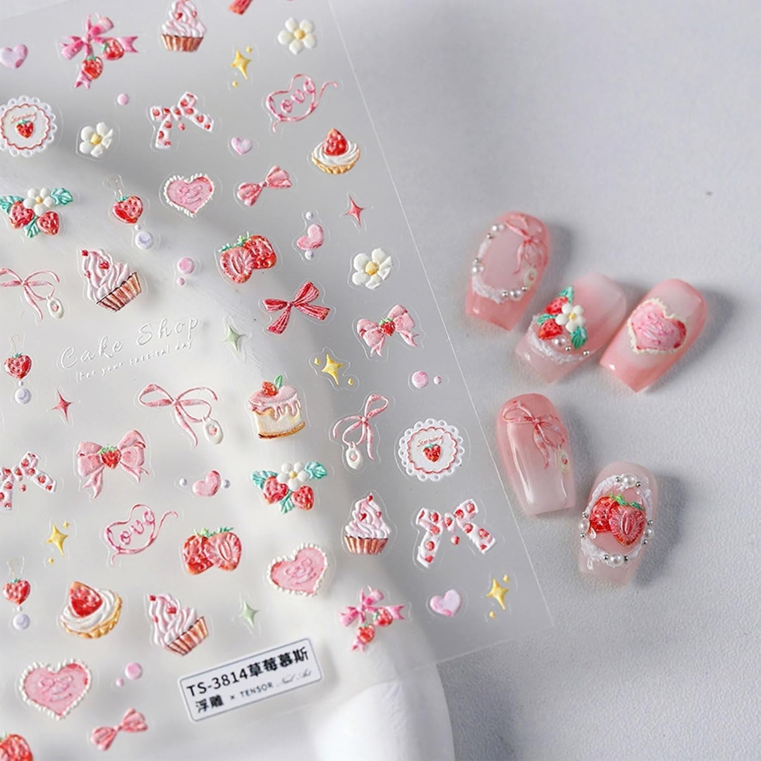 JMEOWIO 3D Nagelsticker Rosa Nail Art Sticker Selbstklebend Nagelaufkleber 5D Stereoskopisch Kuchen Erdbeerschleife Dekoration Nageldesign Zubehör 1 Blatt
