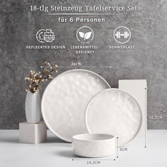 Set de veselă pentru 6 persoane, set de veselă din gresie cu 18 piese, set de farfurii glazurate cu glazură reactivă, farfurii de cină, farfurii de desert și boluri pentru cereale, potrivit pentru cuptorul cu microunde și mașina de spălat vase, alb pătat