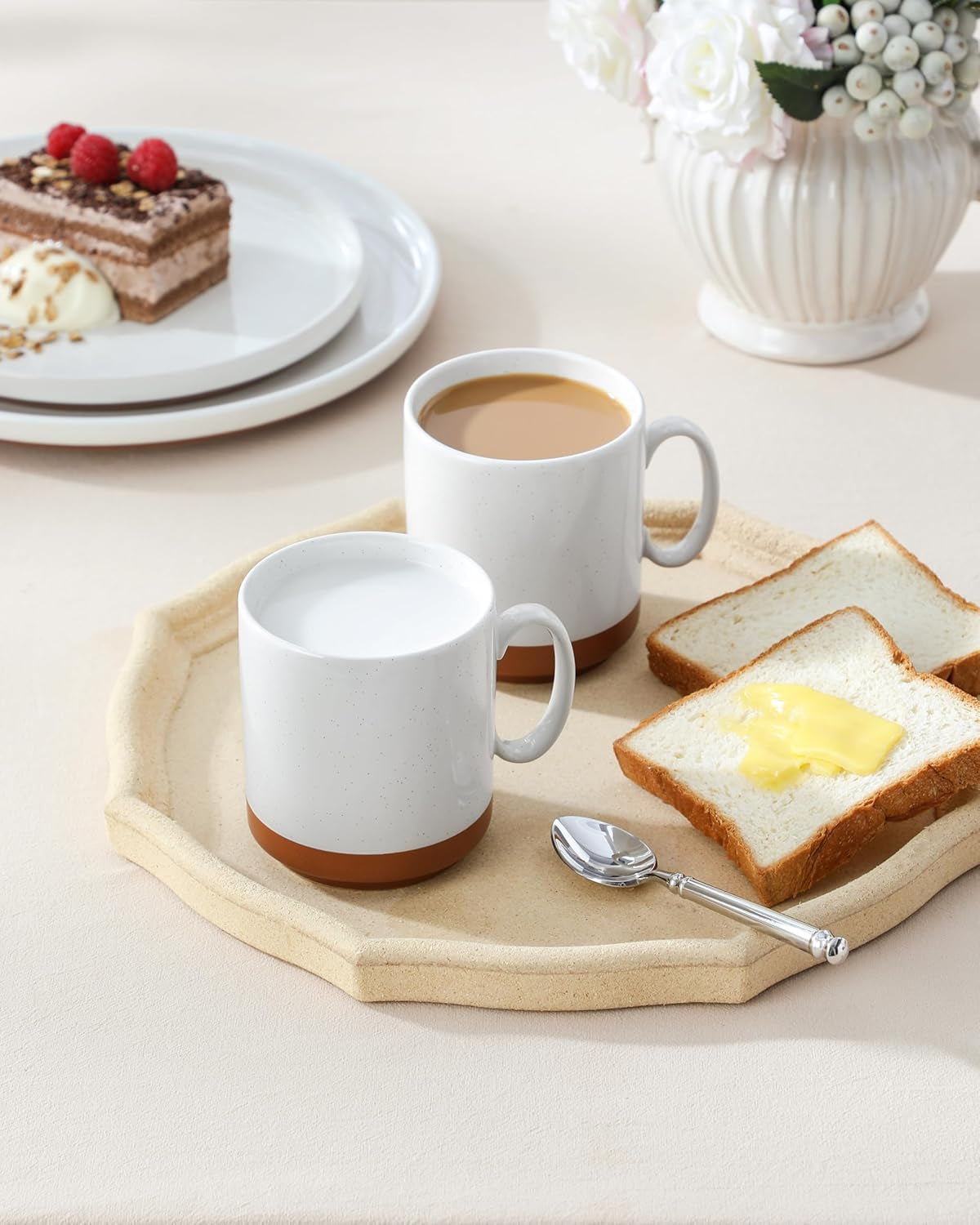 Ensemble de tasses à café MALACASA, ensemble de tasses en grès de 350 ml pour 4 personnes, tasses à café modernes pour thé, jus, latte, cappuccino, chocolat chaud. Va au lave-vaisselle et au micro-ondes, série TARA, blanc kaki