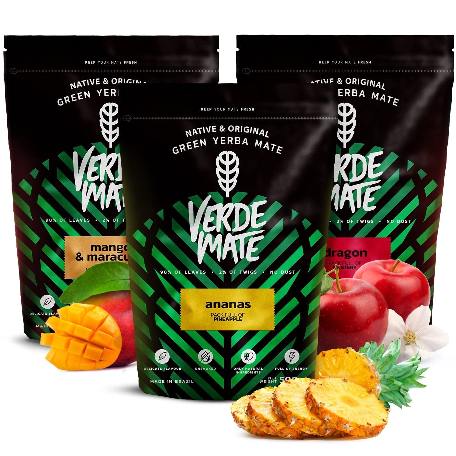 Set fructat Yerba Mate | Yerba Mate cu fructe | Verde Mate Green Mango &amp; Maracuya, Ananas, Dragon | Yerba Mate verde braziliană | Ceai Yerba Mate | 3X500G