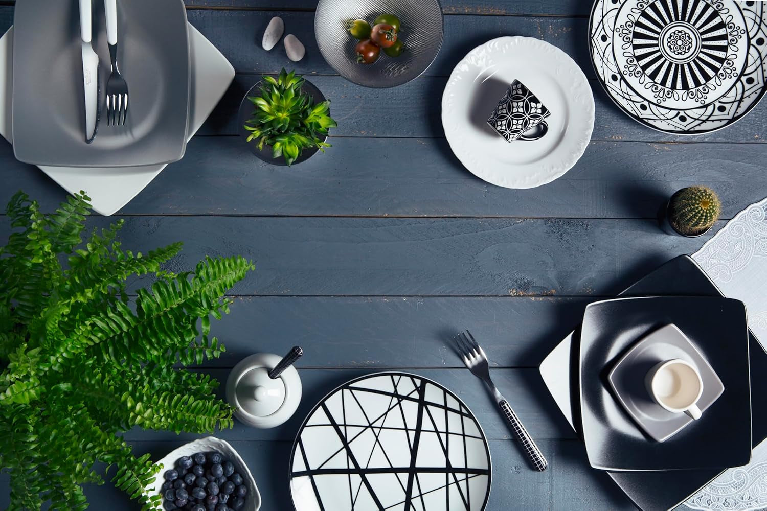 Excelsa Boheme Noir Service d'assiettes, 18 pièces, Porcelaine, Schwarz